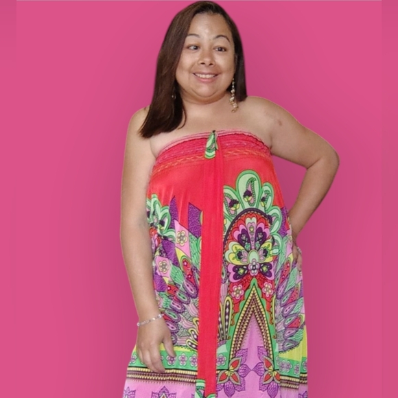 ACE FASHION WOMENS LARGE RED STRAPLESS MIDI SUN DRESS - Picture 6 of 7